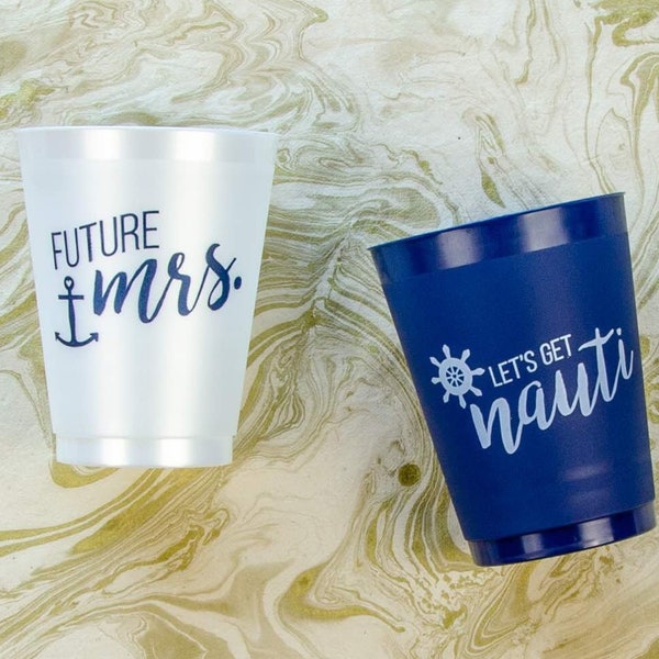 Nautical Bachelorette Party Cups | 12 Pack, 16 oz | Bridal Reusable Frost Flex Drinkware | Let's Get Nauti Bridesmaids Gifts Favors Decor