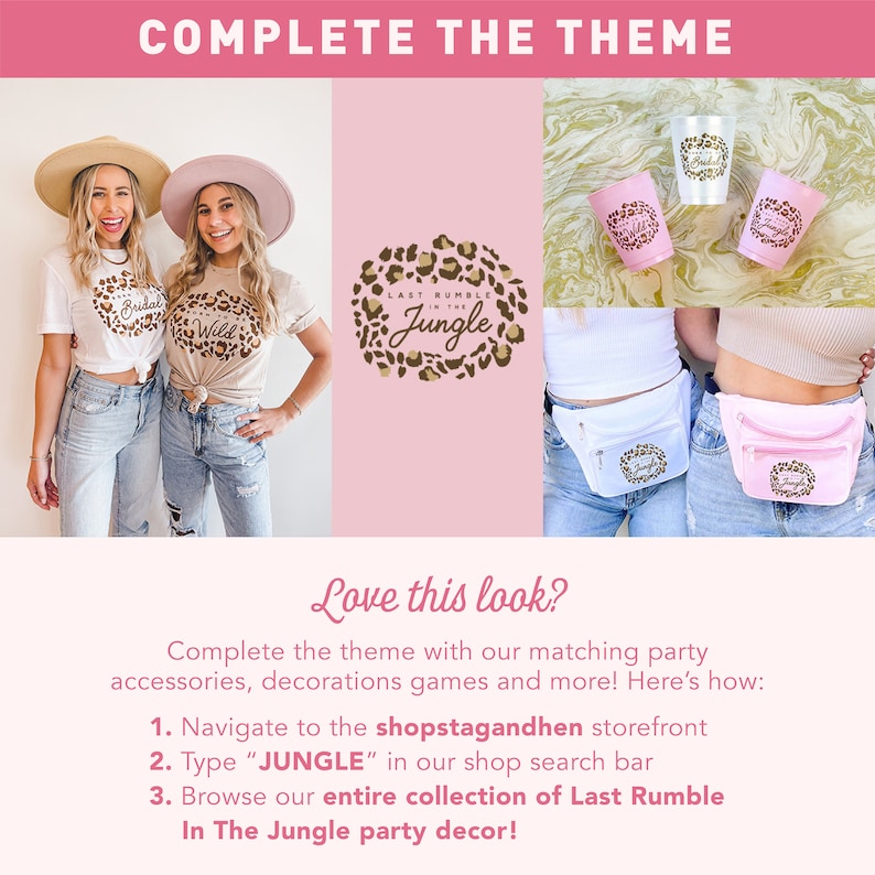Op de afbeelding: Twee vrouwen dragen shirts met de tekst "Bridal" en "Wild" met een luipaardprint. De vrouwen dragen spijkerbroeken en heuptasjes met een luipaardprint waarop "Last Rumble in the Jungle" staat.