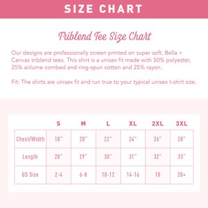 May include: A size chart for triblend tees, with measurements in inches. The chart includes chest/width and length measurements for sizes S through 3XL, along with corresponding US sizes. The text reads "Triblend Tee Size Chart".