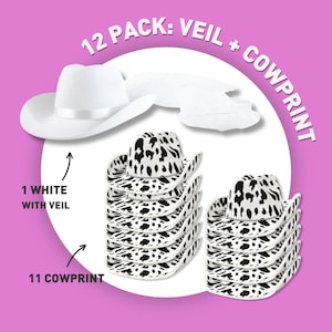 May include: 12 pack of cowboy hats, 11 with a cow print design and 1 white hat with a veil.