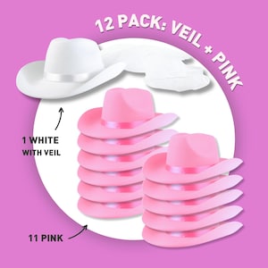 May include: A 12 pack of cowboy hats, 11 pink and 1 white with a veil.  12 PACK: VEIL + PINK