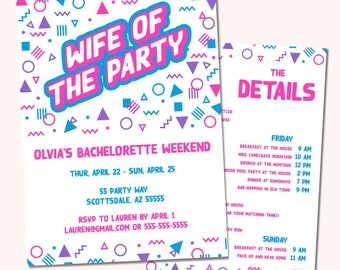 Wife Of The Party 1990s Bachelorette Invitation Template | Editable Instant Download | Nineties Printable Party Invitations with Itinerary