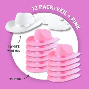 May include: A 12 pack of cowboy hats, 11 pink and 1 white with a veil.  12 PACK: VEIL + PINK