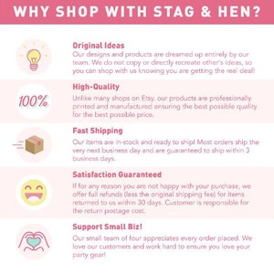 Puede incluir: Gr&aacute;fico rosa con texto: "&iquest;POR QU&Eacute; COMPRAR CON STAG & HEN?" e iconos que representan ideas originales, alta calidad, env&iacute;o r&aacute;pido, garant&iacute;a de satisfacci&oacute;n y apoyo a las peque&ntilde;as empresas. El texto describe los beneficios.