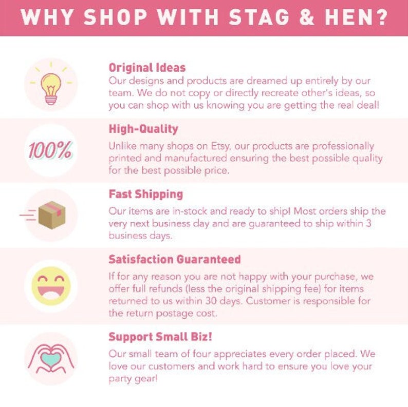 Puede incluir: Gr&aacute;fico rosa con texto: "&iquest;POR QU&Eacute; COMPRAR CON STAG & HEN?" e iconos que representan ideas originales, alta calidad, env&iacute;o r&aacute;pido, garant&iacute;a de satisfacci&oacute;n y apoyo a las peque&ntilde;as empresas. El texto describe los beneficios.
