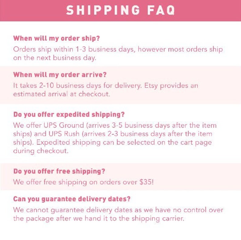 Puede incluir: Un gr&aacute;fico rosa y blanco con el texto "SHIPPING FAQ". El texto responde a preguntas comunes sobre el env&iacute;o, incluyendo el tiempo de procesamiento del pedido, las estimaciones de entrega y las opciones de env&iacute;o expr&eacute;s.