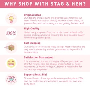 May include: A pink and white graphic with the text "WHY SHOP WITH STAG & HEN?" and five reasons to shop with them: Original Ideas, High-Quality, Fast Shipping, Satisfaction Guaranteed, and Support Small Biz!.