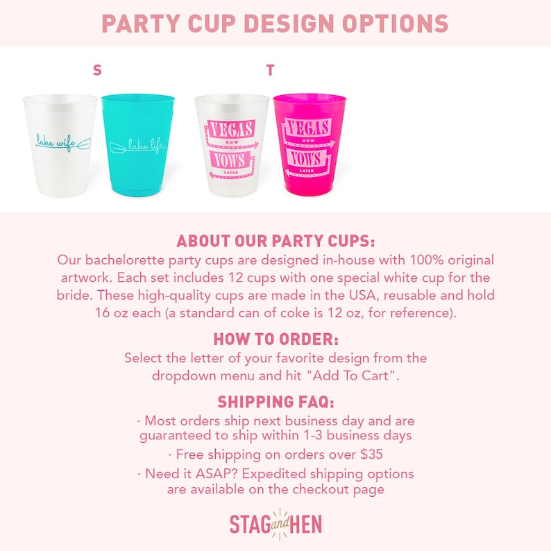 May include: Four party cup designs for a bachelorette party. The cups are white, turquoise, clear, and pink. The text on the cups reads "Lake Wife", "Lake Life", "Vegas Now Vows Later", and "Vegas Now Vows Later".