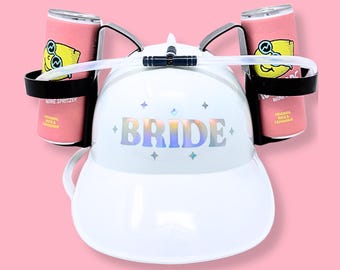 Bride Beer Soda Drinking Helmet With Straws | Beach Pool Boat Bachelorette Party Bridal Veil | Brews Before I Do's, Love Is Brewing Decor