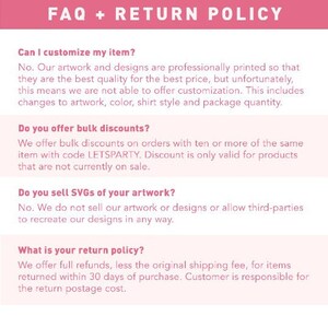 Puede incluir: Documento rosa y blanco con el t&iacute;tulo 'FAQ + POL&Iacute;TICA DE DEVOLUCI&Oacute;N'. Responde preguntas sobre personalizaci&oacute;n, descuentos por volumen, ventas de SVG y la pol&iacute;tica de devoluciones.