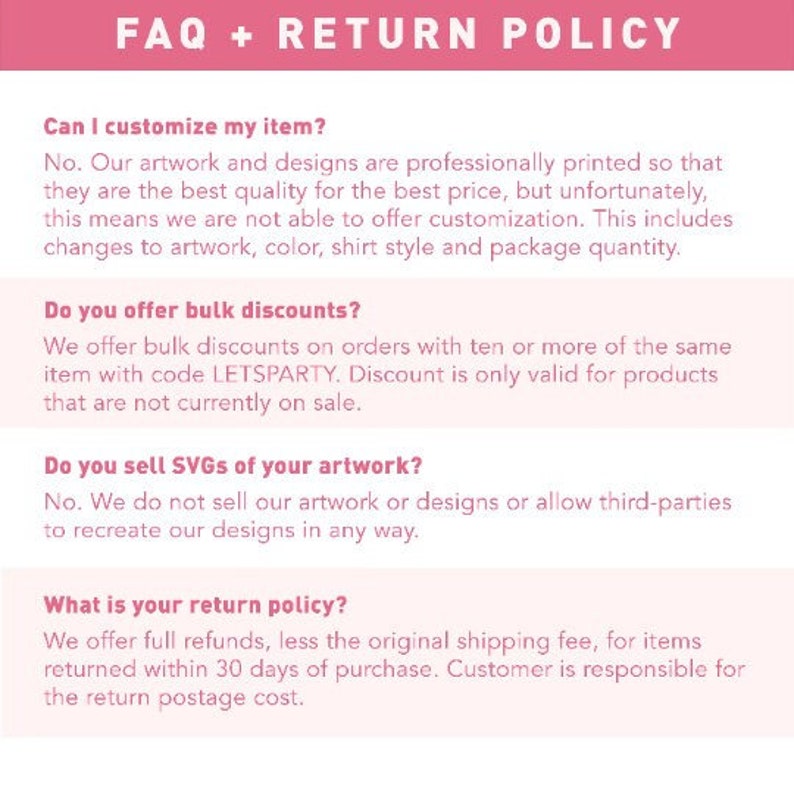 Puede incluir: Documento rosa y blanco con el t&iacute;tulo 'FAQ + POL&Iacute;TICA DE DEVOLUCI&Oacute;N'. Responde preguntas sobre personalizaci&oacute;n, descuentos por volumen, ventas de SVG y la pol&iacute;tica de devoluciones.
