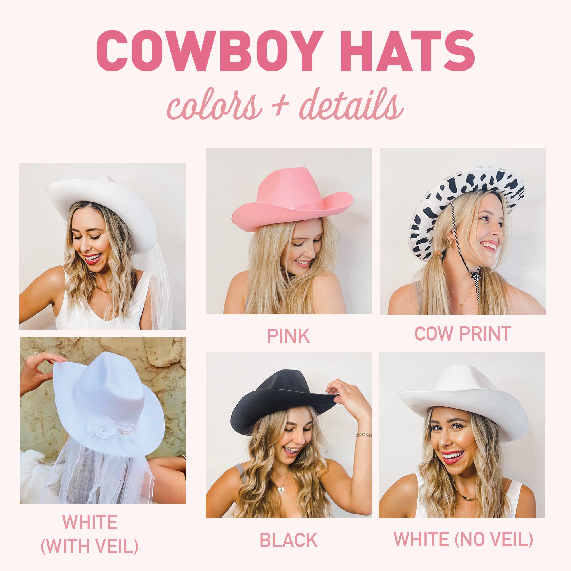 12 Cowgirl Hats for Bachelorette Party, Bride Veil Hat Included 12 Pack - Custom Bachelorette Cowgirl Hats | 12 Funny Cute  main image 2
