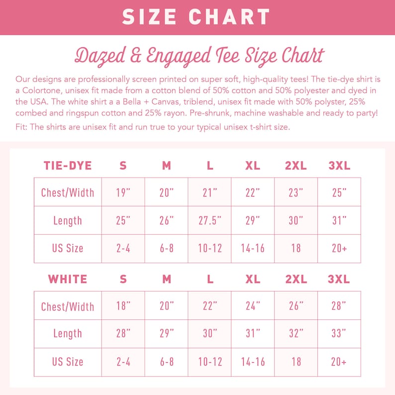 May include: A size chart for tie-dye and white t-shirts. The chart shows chest width, length, and UK size in inches. The sizes range from S to 3XL.