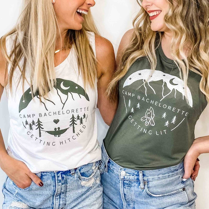 Camp Bachelorette Party Tanks Camping Bridal Party Shirts Getting Hitched, Getting Lit Bridesmaids Tees Rustic, Outdoor, Hiking Gifts image 1