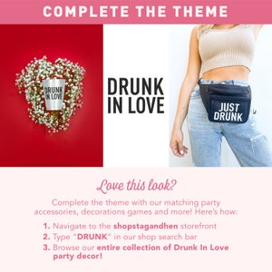 May include: A red background with white flowers surrounding a white cup with the text "Drunk in Love". A white background with the text "Drunk in Love" in black. A person wearing a tan tank top and blue jeans with a black fanny pack that says "Just Drunk" in white.