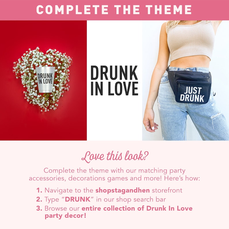May include: A red background with white flowers surrounding a white cup with the text "Drunk in Love". A white background with the text "Drunk in Love" in black. A person wearing a tan tank top and blue jeans with a black fanny pack that says "Just Drunk" in white.