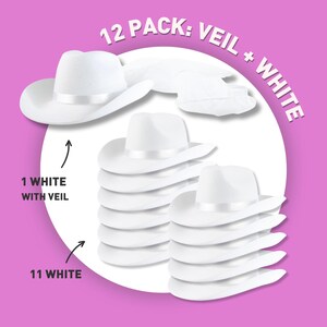 May include: A pack of 12 white cowboy hats, one with a white veil. 12 PACK: VEIL + WHITE. 1 WHITE WITH VEIL. 11 WHITE.