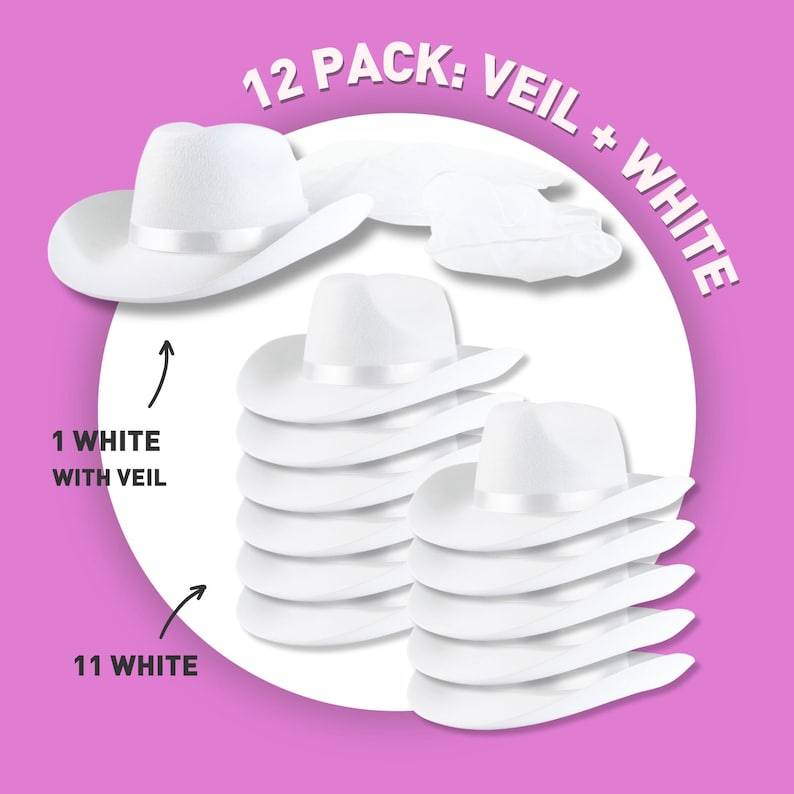 May include: A pack of 12 white cowboy hats, one with a white veil. 12 PACK: VEIL + WHITE. 1 WHITE WITH VEIL. 11 WHITE.