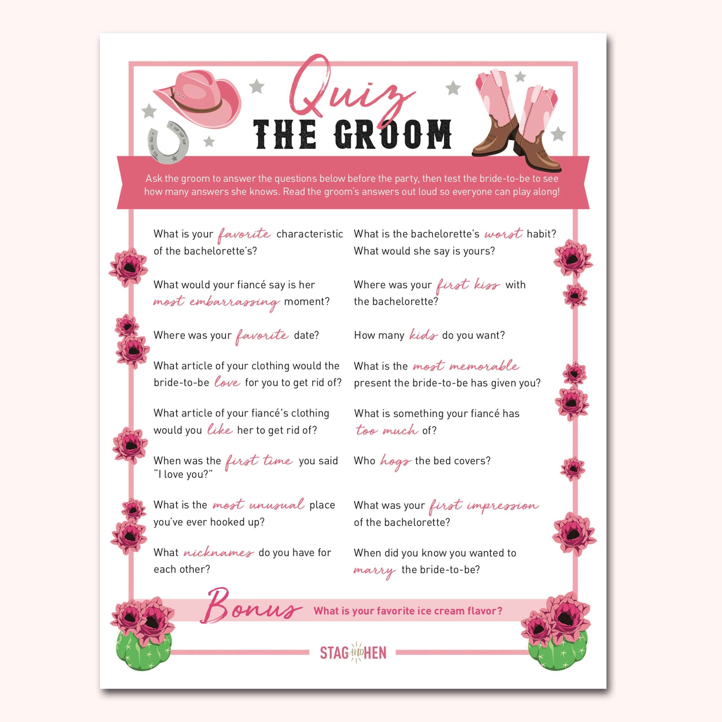 Nashville Bachelorette Party Game Groom Quiz Printable Pdf Etsy