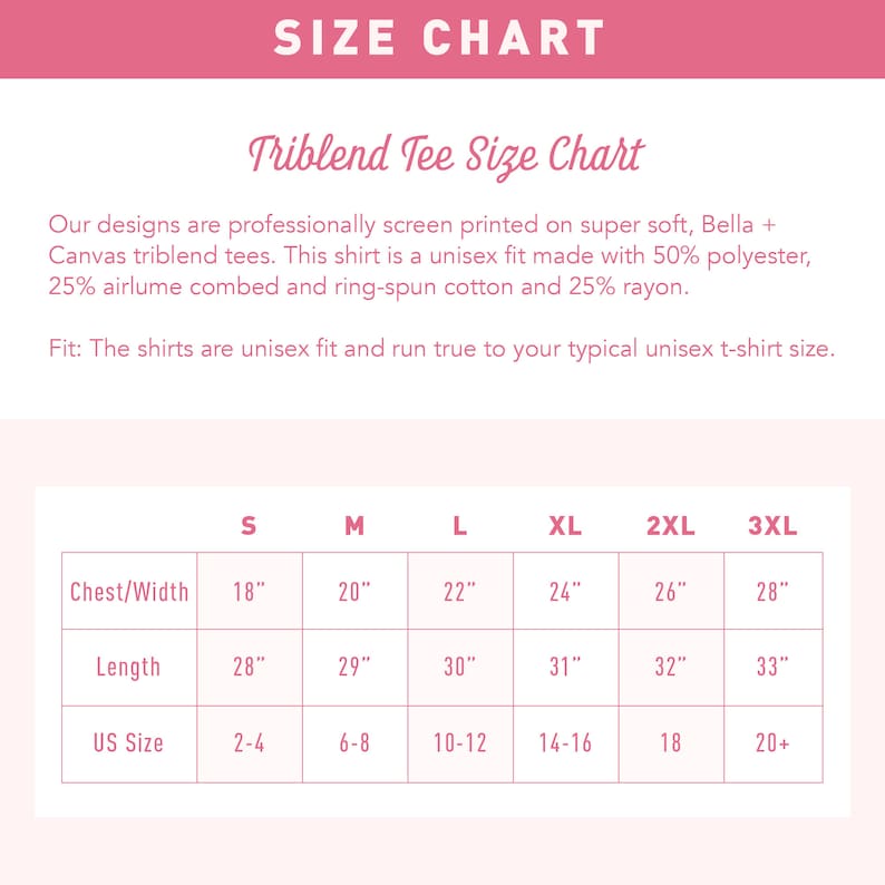 Op de afbeelding: Een maattabel voor triblend t-shirts, met de borstbreedte, lengte en US-maat in inches. De tabel bevat de maten S, M, L, XL, 2XL en 3XL.