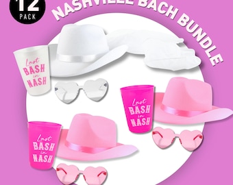 May include: A collection of party supplies, including white and pink cowboy hats, heart-shaped sunglasses, and cups with "Last Bash in Nash" printed on them. The image also includes the text "Nashville Bach Bundle" and "12 Pack".
