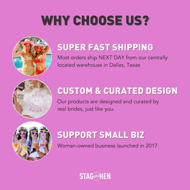May include: Pink graphic with the text "WHY CHOOSE US?" and three circles. Each circle contains a photo of people wearing party attire and text describing the benefits of the company. The text in the first circle is "SUPER FAST SHIPPING", the second circle is "CUSTOM & CURATED DESIGN", and the third circle is "SUPPORT SMALL BIZ". The graphic also includes the company logo "STAGandHEN".