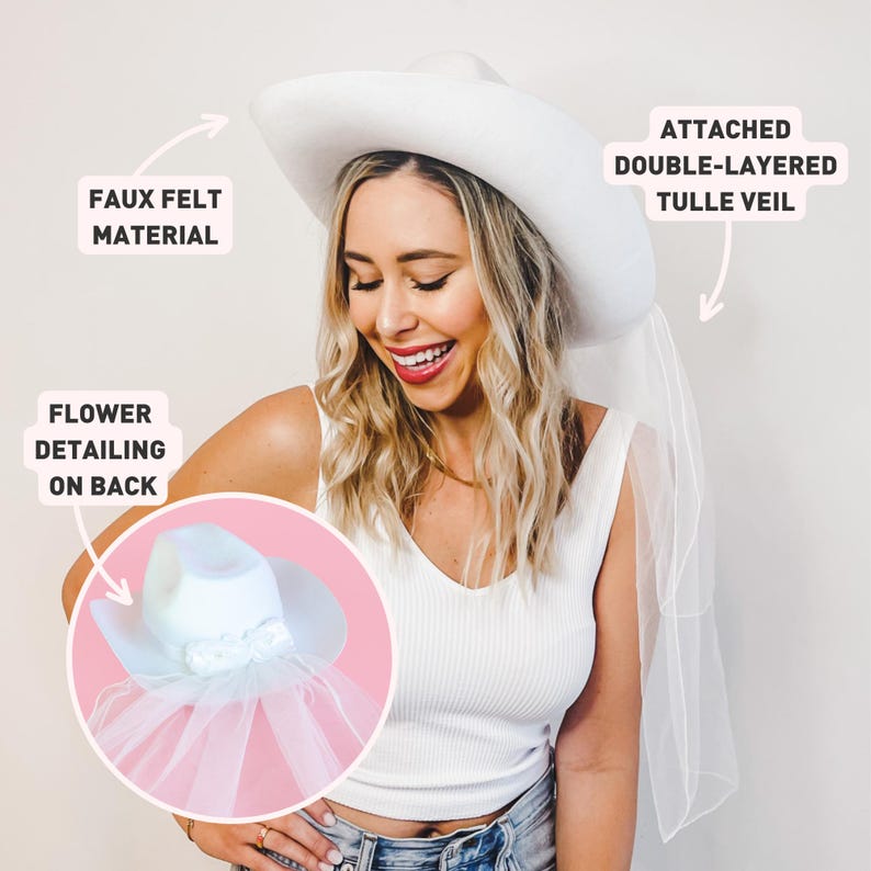 May include: White felt cowboy hat with a double-layered tulle veil attached. The veil has a flower detail on the back.