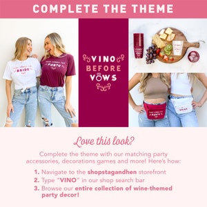 Op de afbeelding: Afbeelding met feestaccessoires en kleding met het thema "Vino Before Vows". Inclusief t-shirts, heuptasjes en feestbekers. De tekst "HERE COMES THE BRIDE" en "HERE COMES THE PARTY" is zichtbaar. Er is ook een houten serveerplank met snacks.