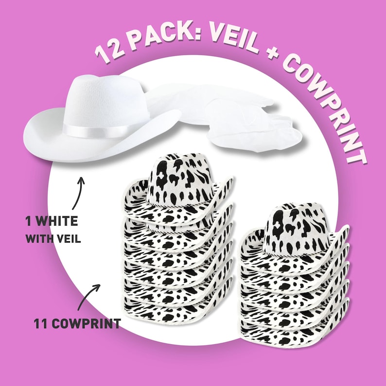 May include: 12 pack of cowboy hats, 11 with a cow print design and 1 white hat with a veil.