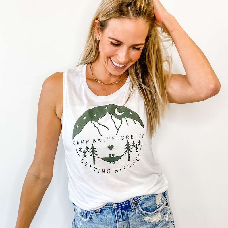 Camp Bachelorette Party Tanks Camping Bridal Party Shirts Getting Hitched, Getting Lit Bridesmaids Tees Rustic, Outdoor, Hiking Gifts image 5