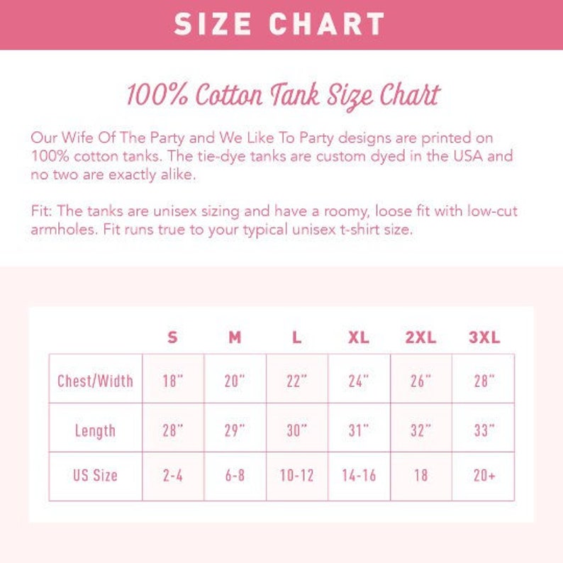 Puede incluir: Una tabla de tallas para camisetas sin mangas 100% algod&oacute;n. La tabla incluye medidas de pecho/ancho de 45.7 cm a 71.1 cm, largos de 71.1 cm a 83.8 cm y tallas estadounidenses de 2-4 a 20+. Las camisetas son unisex y te&ntilde;idas en EE. UU.
