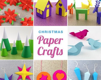 May include: A collage of colorful paper Christmas crafts, including a poinsettia garland, paper houses, reindeer, birds, trees, stars, and ornaments. The text "CHRISTMAS Paper Crafts" is in the center of the collage.