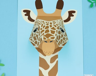 May include: A printable paper craft of a giraffe head with a brown and white spotted pattern. The giraffe has a long neck and large ears. The paper craft is on a light blue background.