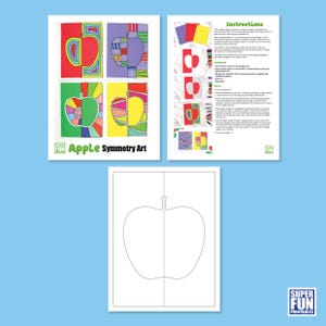 May include: Printable apple symmetry art activity for kids. The printable includes a template of an apple with a line down the middle, and four examples of symmetrical apple designs with colorful patterns.