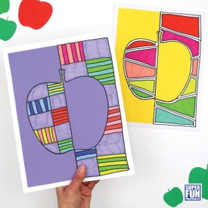May include: Two printable apple templates with a colorful geometric design. The apple on the left is purple with a colorful geometric pattern. The apple on the right is yellow with a colorful geometric pattern.