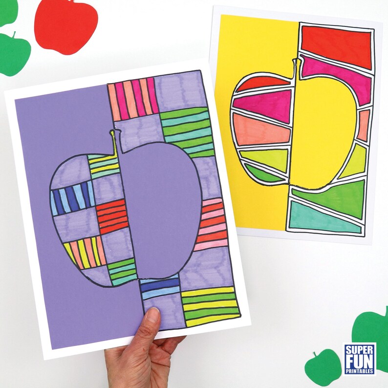May include: Two printable apple templates with a colorful geometric design. The apple on the left is purple with a colorful geometric pattern. The apple on the right is yellow with a colorful geometric pattern.
