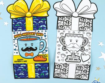 May include: Two Father's Day gift card holders. One is colored with a yellow bow, a blue mug with a mustache, and the text "Mug-nificent Dad." The other is a black and white trophy with the text "Best Dad."