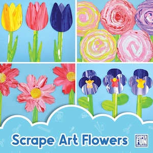 May include: A printable craft activity for kids to make flowers using paint and scrap paper. The image shows examples of flowers made with different colors and patterns. The title of the activity is "Scrape Art Flowers".