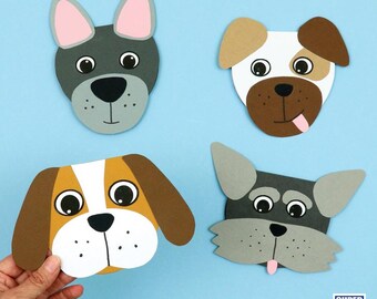 May include: Four colorful dog face cutouts with different designs. The dogs are gray, white, brown, and tan with black eyes and noses. One cutout is being held by a hand. The words "SUPER FUN PRINTABLES" are in the bottom right corner.