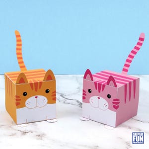 May include: Two printable cat-shaped boxes, one orange and white with orange stripes and one pink and white with pink stripes. The boxes are folded into a 3D shape and have a tail that sticks out.