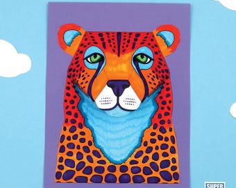 May include: A colorful illustration of a cheetah's face, featuring orange, red, and blue hues. The cheetah has green eyes and a blue neck. The artwork is on a purple background with a blue sky and white cloud cutouts. The text "SUPER FUN PRINTABLES" is in the bottom right corner.
