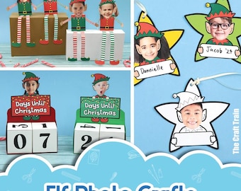 May include: Elf photo crafts featuring children's faces in elf costumes. The image includes paper elf cutouts, star-shaped ornaments, and countdown calendars. The countdown calendars display "Days Until Christmas" with the numbers 07 and 2.