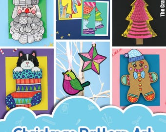 Puede incluir: Una colección de arte de patrones navideños coloridos. La imagen presenta a un Papá Noel, un árbol de Navidad, un gato en un calcetín, un pájaro, una estrella y un hombre de jengibre. El texto "Christmas Pattern Art" está en la parte inferior.