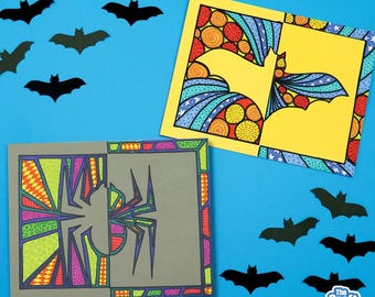 May include: Two colorful Halloween-themed art pieces with a bat and spider design, along with several black bat cutouts, are displayed on a blue background. The bat and spider art pieces have intricate patterns and bright colors. The Craft Train logo is in the bottom right corner.