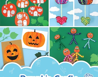 May include: A collage of pumpkin-themed crafts. Includes orange paper pumpkins with house-like designs, hanging paper pumpkins with colorful patterns, and paper jack-o'-lanterns. Also shown are stick figures with pumpkin heads. The text "Pumpkin Crafts" is at the bottom.