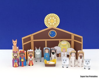 May include: A paper craft nativity scene with a brown stable, a star, a donkey, a camel, three wise men, an angel, a shepherd, two sheep, and a baby Jesus in a manger.