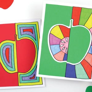 May include: Two printable coloring pages featuring apple designs. One page has a red apple with a green outline and the other page has a green apple with a rainbow design.