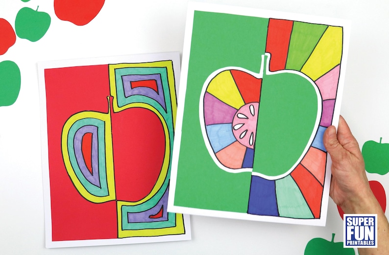 May include: Two printable coloring pages featuring apple designs. One page has a red apple with a green outline and the other page has a green apple with a rainbow design.