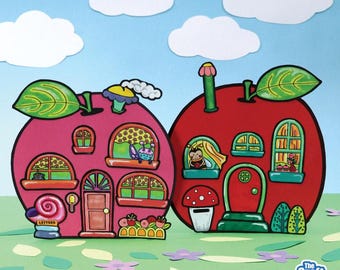 May include: Two paper craft apple houses, one pink and one red, featuring illustrated windows, doors, and chimneys. The pink apple house has a snail mailbox labeled LETTERS, while the red apple house features a bee in a window and a mushroom.