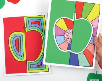 May include: Two printable apple craft templates. The first template is a red apple with a yellow outline and a purple and green interior. The second template is a green apple with a rainbow interior and a red and yellow outline. Both templates are on white paper.